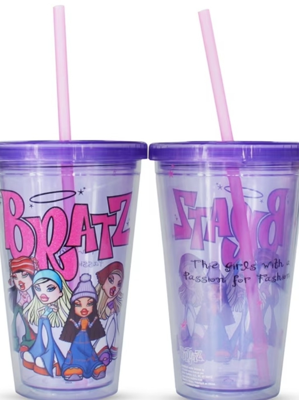 BRAND NEW RARE Bratz Purple & Pink Acrylic Tumbler Cup with Straw